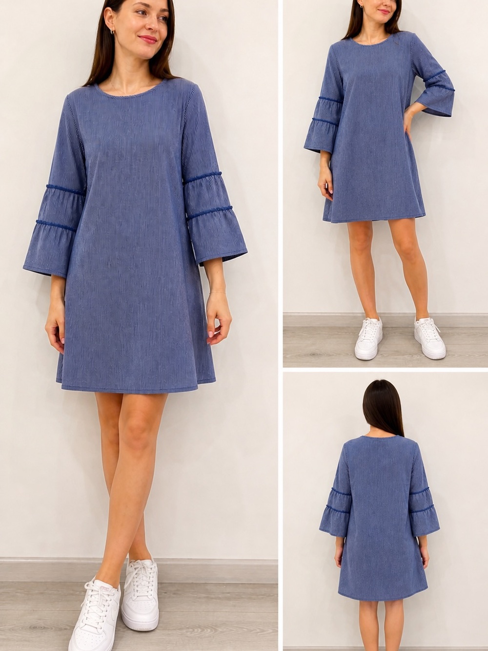 Tacera Denim-Blue Tiered Bell-Sleeve Mini Dress